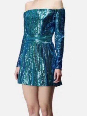 Elie Saab Women's Blue Off the Shoulder Sequin Mini Dress Size 38